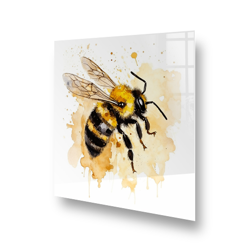 Abstract bee artwork with bold brushstrokes in amber, gold, and black on kitchen splashback Side View