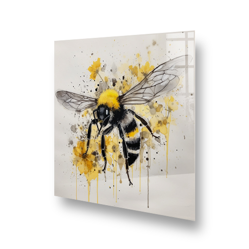 Abstract bee art on kitchen splashback with yellow and black brushstrokes Side View