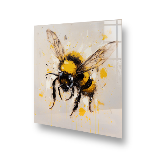 Artistic bee design on a kitchen splashback with bold brushstrokes in black, yellow, and cream Side View
