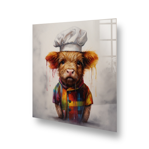 Whimsical Highland cow in chefs hat on a splashback Side View