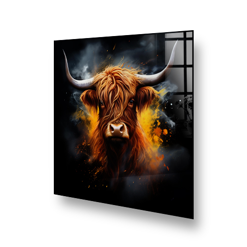 Highland cow with a fiery backdrop printed glass splashback for a kitchen Side View