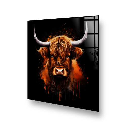 Dramatic highland cow kitchen splashback art with fiery orange and amber tones on a black background Side View
