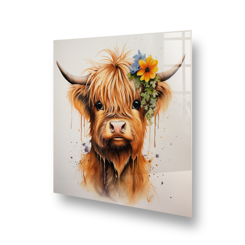 Artistic Highland cow kitchen splashback design with brown, amber tones, and a blue flower Side View