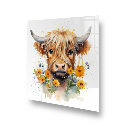 Highland cow with yellow flowers kitchen splashback art in soft cream and amber hues Side View