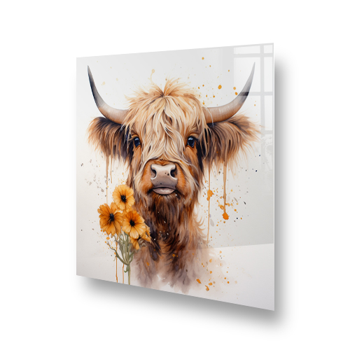 Artistic Highland Cow and orange flowers printed kitchen splashback Side View