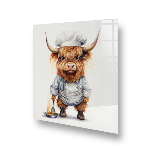 A highland cow in chefs hat cooking, as kitchen splashback art. Side View