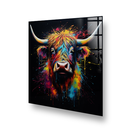 Abstract highland cow kitchen splashback art in vibrant colours on a black background Side View
