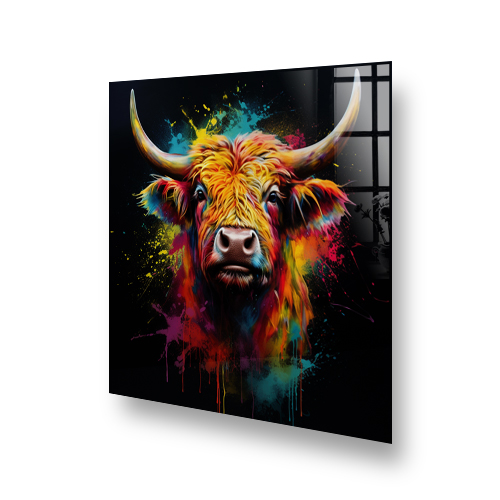 Colourful highland cow art on kitchen splashback featuring rainbow hues on black background Side View