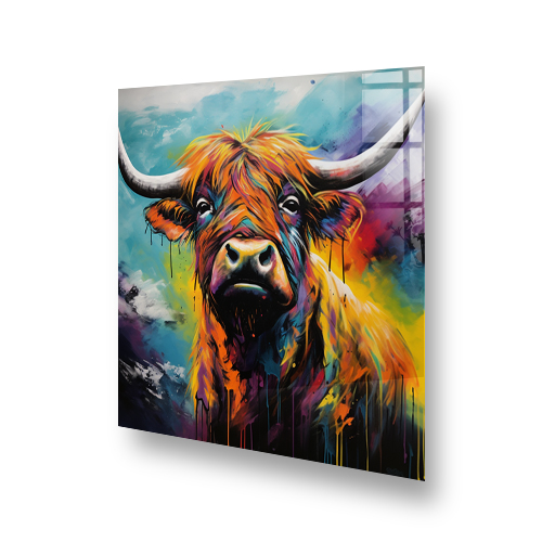Colourful highland cow printed kitchen splashback art with vibrant hues of yellow, orange, and blue. Side View