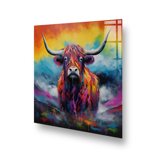 Colourful Highland cow design on a kitchen splashback. Side View