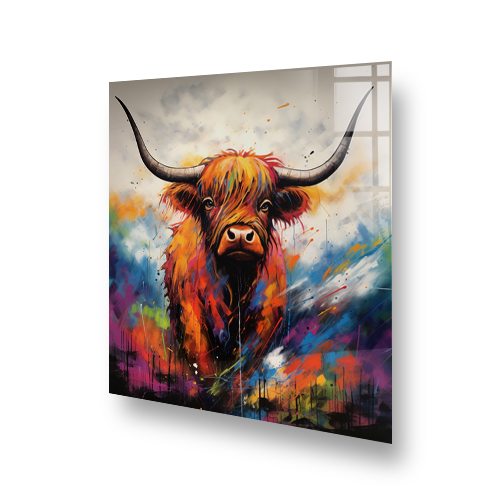 Colourful highland cow art on kitchen splashback  Side View