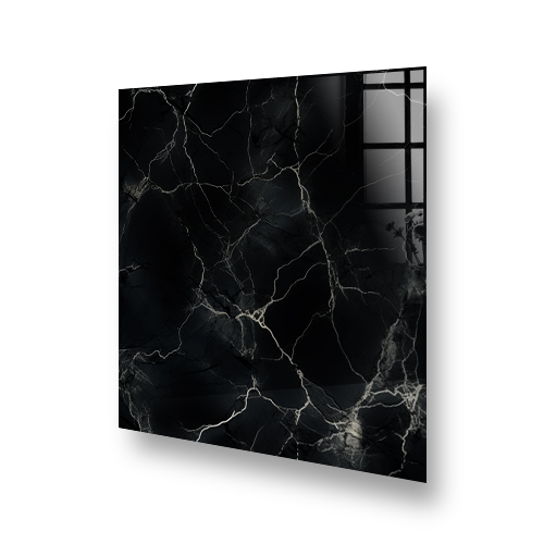 A marble kitchen splashback with black hues and lightning-like white and gold veins. Side View
