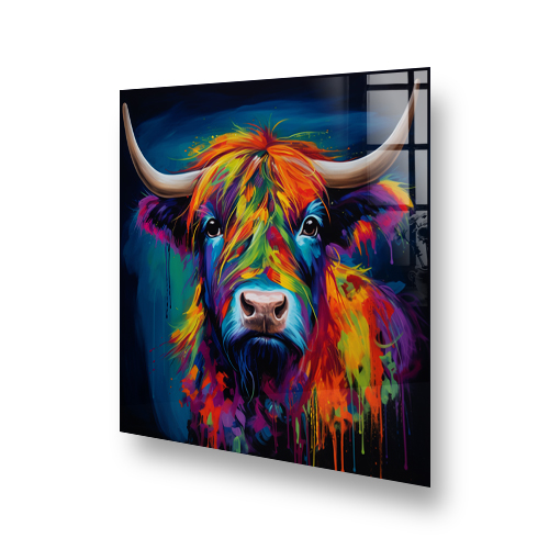 Striking navy blue highland cow kitchen splashback art Side View