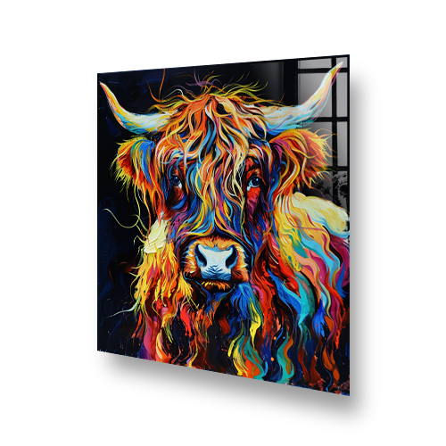 Colorful Highland cow art on kitchen splashback Side View