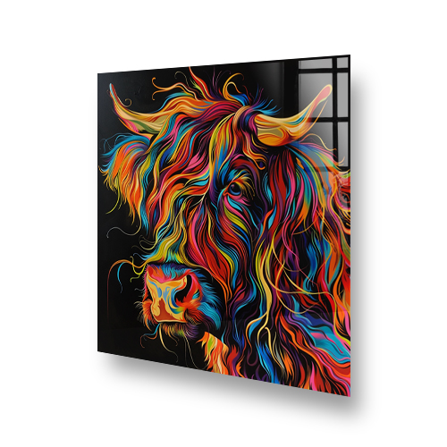 Colorful highland cow kitchen splashback art with radiant rainbow mane against a black background Side View