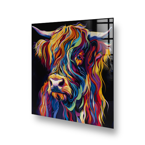 Colourful highland cow art on kitchen splashback Side View