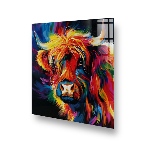 Colourful highland cow art on kitchen splashback above cooker Side View