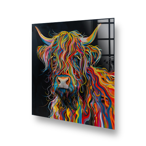 Colourful highland cow artwork on a kitchen splashback with a black background Side View