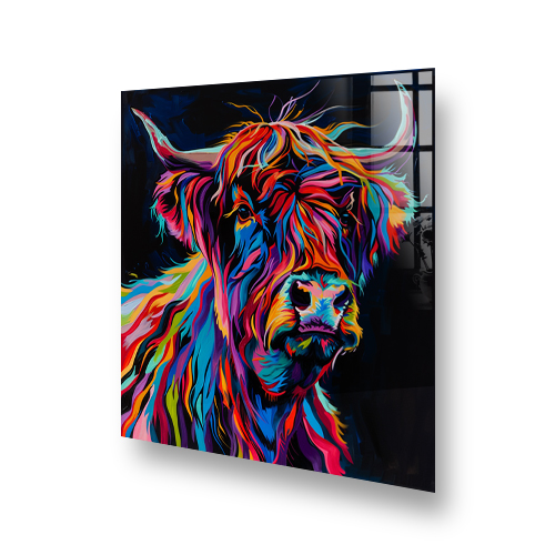 Colourful highland cow art kitchen splashback in modern setting Side View