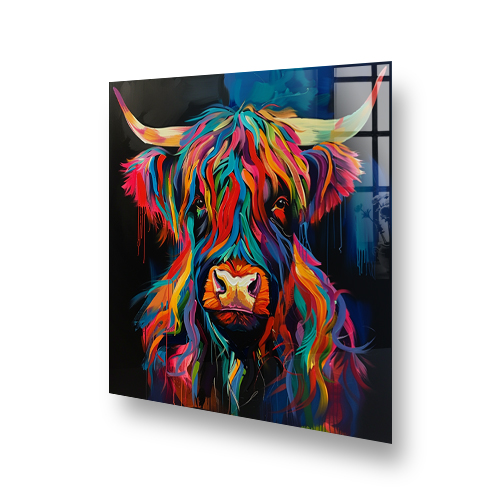 Colourful highland cow painted splashback in a kitchen with rainbow hues on a black background Side View