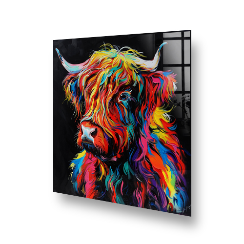 Colourful highland cow design on kitchen splashback above stove. Side View