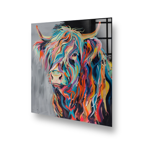 Colourful highland cow kitchen splashback art in "Mull Moonlight" design with vivid multi-coloured brushstrokes on a grey background Side View