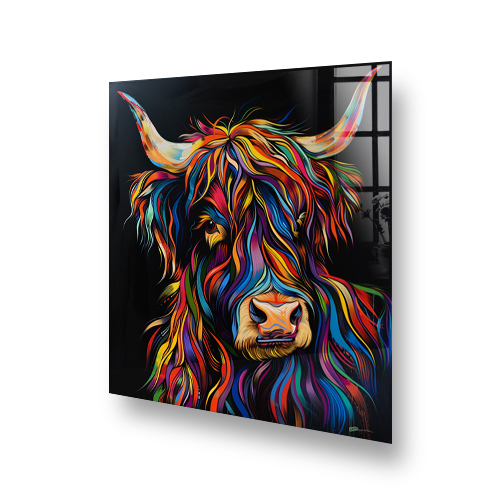Colourful highland cow art on kitchen splashback, featuring a multicoloured palette with black background Side View