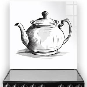Monochromatic teapot sketch on kitchen splashback above stove