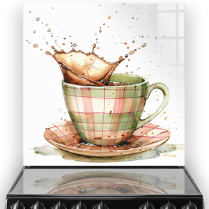 Artistically illustrated coffee splash on checkered cup kitchen splashback in watercolour style.