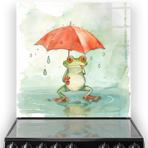 Illustrated frog with red umbrella kitchen splashback design in watercolour style thumbnail