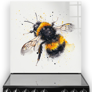 Artistic kitchen splashback with a painted bumblebee against a white background with yellow and black splatter effects