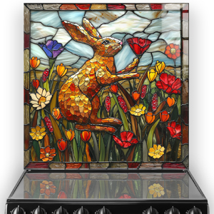 Stained glass style hare among colourful flowers kitchen splashback thumbnail