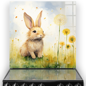Watercolour hare illustration in a meadow on kitchen splashback thumbnail