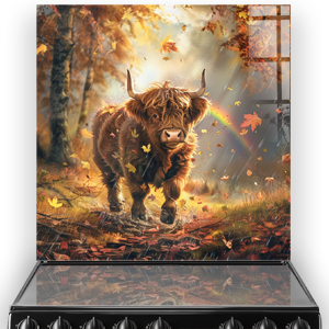 Highland cow on autumnal forest printed kitchen splashback