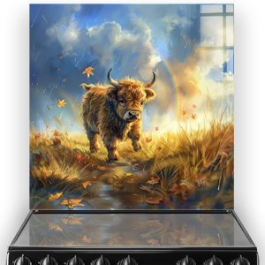 Animated bison printed kitchen splashback art against an autumn field and blue sky backdrop.