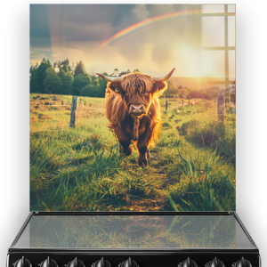 Highland cow in front of a rainbow on a kitchen splashback