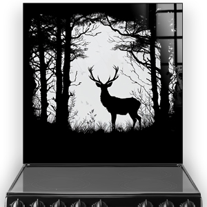 Black and white kitchen splashback featuring a stag silhouette amidst forest trees thumbnail