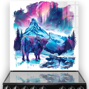 Highland cow in a colourful, mystical mountain landscape kitchen splashback art