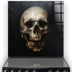 Realistic skull on black background kitchen splashback thumbnail