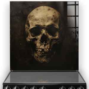 Hyper-realistic skull printed kitchen splashback in sepia and black thumbnail