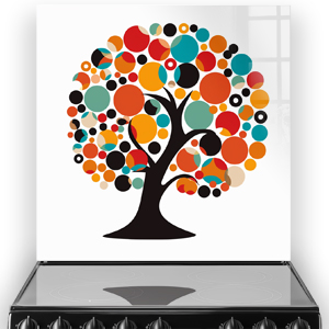 Artistic tree with colourful circular leaves printed on a kitchen splashback thumbnail