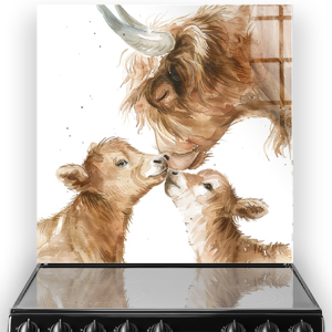 Watercolour illustration of a mother Highland cow and her calves on a kitchen splashback