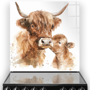 Artistic depiction of a Highland cow and calf on a kitchen splashback in earthy watercolour shades