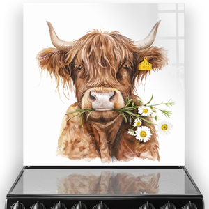 Highland cow with daisies in mouth kitchen splashback art on a white background