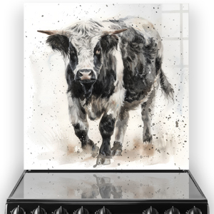 Black and white Belted Galloway cow on a kitchen splashback with artistic splatter details