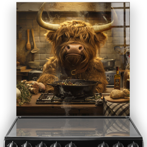 Whimsical highland cow cooking on a stove, featured in a kitchen splashback art with earthy tones and rustic charm.