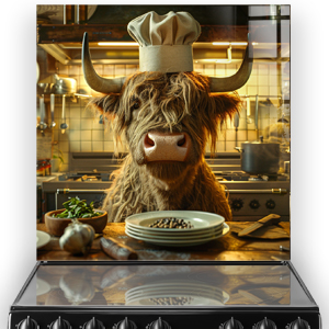 Highland Cow called Cora in chefs hat kitchen splashback art
