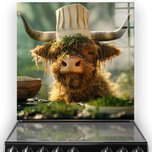 Haphazard Hamish is Highland cow with a chefs hat kitchen splashback