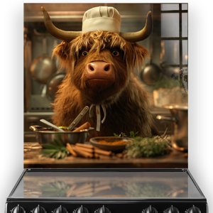 Highland cow wearing a chefs hat in a kitchen scene as a printed splashback, adding character and warmth to kitchen decor.