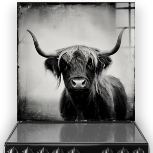 A black and white Highland Cow kitchen splashback art, named Angus, with a blurred background.